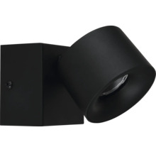 Wandspot in Schwarz aus Metall mit quadratischem Sockel und schwenkbarem, zylindrischem Kopf.