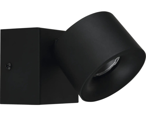 Wandspot in Schwarz aus Metall mit quadratischem Sockel und schwenkbarem, zylindrischem Kopf.