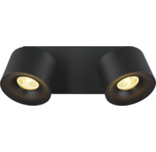 Zweiflammiger Deckenstrahler in Schwarz matt, zylindrische Spots auf rechteckiger Basis, moderne LED-Beleuchtung.