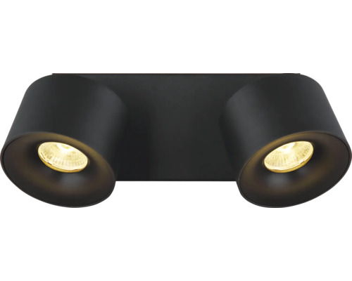 Zweiflammiger Deckenstrahler in Schwarz matt, zylindrische Spots auf rechteckiger Basis, moderne LED-Beleuchtung.