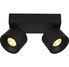 Schwarzer Deckenstrahler mit zwei verstellbaren LED-Spots aus Metall.