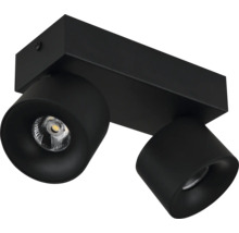 Schwarzer Deckenstrahler aus Metall mit zwei verstellbaren Spotlights.