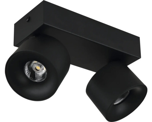 Schwarzer Deckenstrahler aus Metall mit zwei verstellbaren Spotlights.