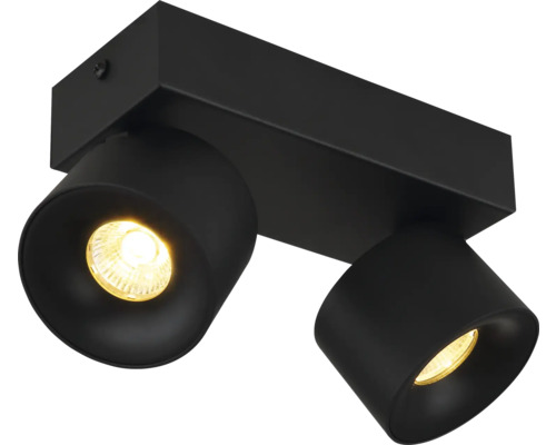 Deckenstrahler 2-flammig aus Metall in Schwarz, rechteckige Basis mit zwei zylindrischen Spots.