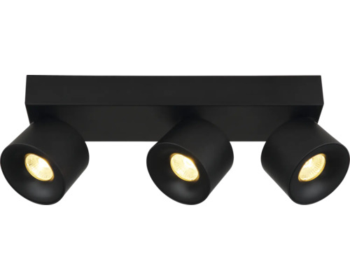 Dreiflammiger Deckenstrahler in Schwarz mit verstellbaren zylindrischen Spots und warmweißem LED-Licht.