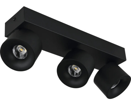 Dreiflammiger Deckenstrahler aus schwarzem Metall mit drei verstellbaren Spots.