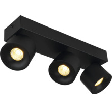 Schwarzer Deckenstrahler aus Metall mit drei verstellbaren Spots.