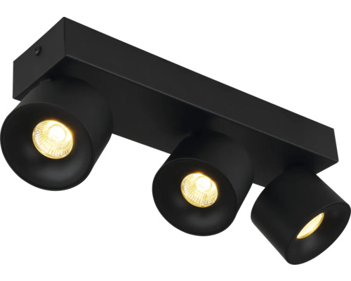 Schwarzer Deckenstrahler aus Metall mit drei verstellbaren Spots.