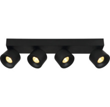Schwarze Deckenleuchte mit vier verstellbaren Metallstrahlern.