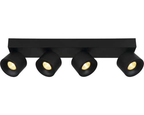 Schwarze Deckenleuchte mit vier verstellbaren Metallstrahlern.