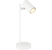 Weiße Schreibtischlampe mit rundem Standfuß und verstellbarem zylindrischem Strahler.