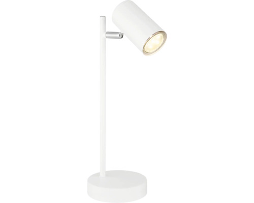 Weiße Schreibtischlampe mit rundem Standfuß und verstellbarem zylindrischem Strahler.