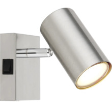 Wandspot aus gebürstetem Metall mit zylindrischem Kopf und rechteckiger Basis mit Schalter.