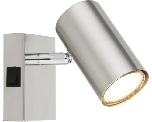 Wandspot aus gebürstetem Metall mit zylindrischem Kopf und rechteckiger Basis mit Schalter.