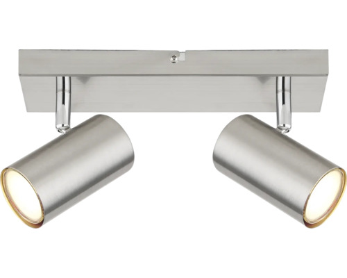 Zweiflammiger Strahler aus Metall in Nickel-Optik mit verstellbaren Spots.