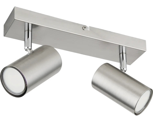 Zweiflammiger Deckenstrahler aus Metall mit verstellbaren Spots in Nickel-Optik.