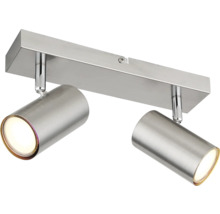 Deckenleuchte mit zwei verstellbaren Spotlights aus gebürstetem Metall auf einer rechteckigen Halterung.