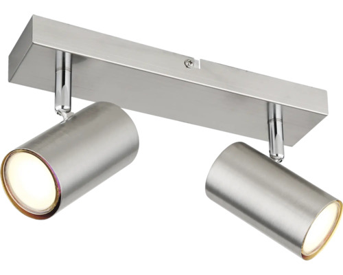 Deckenleuchte mit zwei verstellbaren Spotlights aus gebürstetem Metall auf einer rechteckigen Halterung.