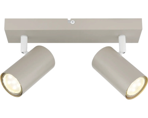 2-flammiger Deckenstrahler in Beige mit verstellbaren, zylindrischen Spotköpfen aus Metall.