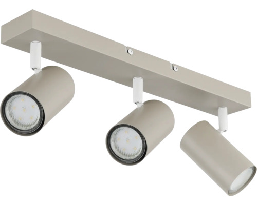 Dreiflammiger Deckenstrahler in Beige aus Metall mit drei verstellbaren, zylindrischen Spotköpfen.