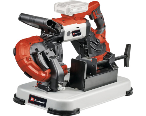 Einhell Akku-Bandsäge mit Untergestell und Schraubstock für präzise Schnitte in Metall und Kunststoff.