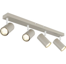 Deckenstrahler mit vier verstellbaren zylindrischen LED-Spots auf einer rechteckigen Metallschiene.