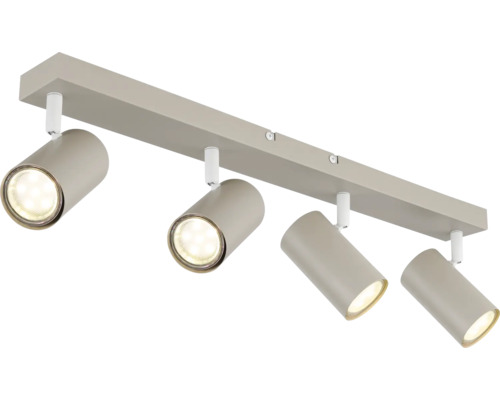 Deckenstrahler mit vier verstellbaren zylindrischen LED-Spots auf einer rechteckigen Metallschiene.