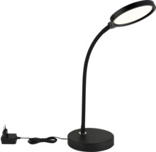Schwarze LED-Schreibtischleuchte mit flexiblem Hals, rundem Standfuß und kreisförmigem Leuchtenkopf.