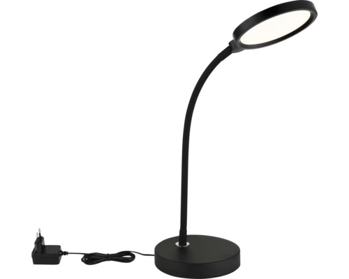 Schwarze LED-Schreibtischleuchte mit flexiblem Hals, rundem Standfuß und kreisförmigem Leuchtenkopf.