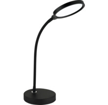 Schwarze Schreibtischlampe mit rundem Fuß, flexiblem Arm und ringförmigem LED-Leuchtkopf.