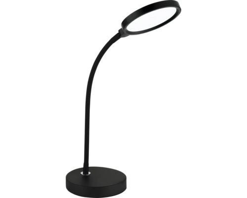Schwarze Schreibtischlampe mit rundem Fuß, flexiblem Arm und ringförmigem LED-Leuchtkopf.