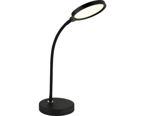 Moderne LED-Schreibtischleuchte in Schwarz mit rundem Standfuß, biegsamem Arm und flachem, rundem Leuchtkopf.