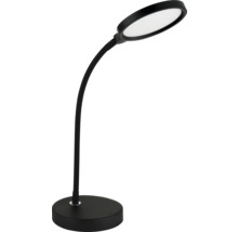 Moderne schwarze LED-Schreibtischleuchte mit flexiblem Hals und rundem Leuchtenkopf auf einem runden Standfuß.