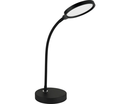 Moderne schwarze LED-Schreibtischleuchte mit flexiblem Hals und rundem Leuchtenkopf auf einem runden Standfuß.