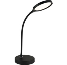 Schwarze LED-Schreibtischlampe mit flexiblem Arm und rundem Standfuß.