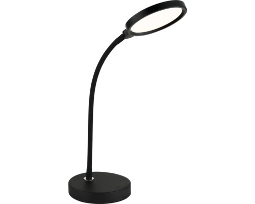 Schwarze LED-Schreibtischlampe mit flexiblem Arm und rundem Standfuß.