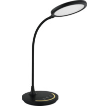 Moderne LED-Schreibtischlampe in Schwarz mit flexiblem Schwanenhals und rundem Standfuß mit Touch-Bedienfeld.
