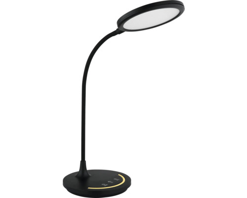 Moderne LED-Schreibtischlampe in Schwarz mit flexiblem Schwanenhals und rundem Standfuß mit Touch-Bedienfeld.