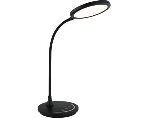 Schwarze LED-Schreibtischlampe mit flexiblem Hals, rundem Kopf und Standfuß mit Touch-Steuerung.