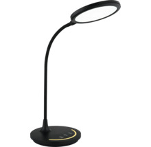 Schwarze LED-Schreibtischlampe mit flexiblem Schwanenhals, rundem Leuchtkopf und rundem Standfuß mit Touch-Bedienfeld.