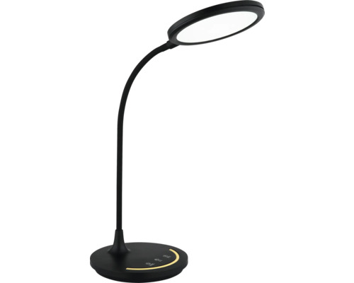 Schwarze LED-Schreibtischlampe mit flexiblem Schwanenhals, rundem Leuchtkopf und rundem Standfuß mit Touch-Bedienfeld.