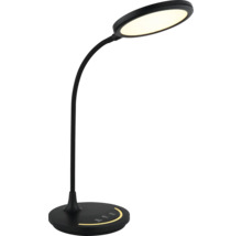 Schwarze LED-Schreibtischleuchte mit flexiblem Hals, rundem Standfuß mit Touch-Bedienfeld und rundem Leuchtenkopf.