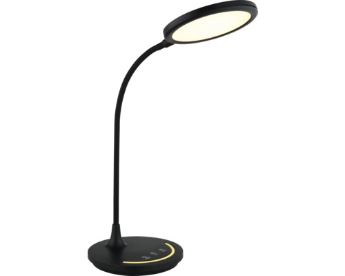 Schwarze LED-Schreibtischleuchte mit flexiblem Hals, rundem Standfuß mit Touch-Bedienfeld und rundem Leuchtenkopf.