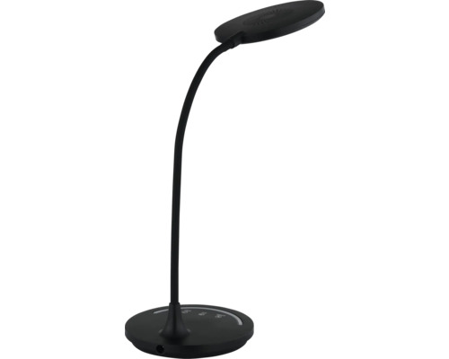 Schwarze LED-Schreibtischleuchte mit flexiblem Hals und rundem Standfuß mit Touch-Bedienung.