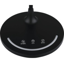 Runder Lampenfuß in Schwarz mit Touch-Bedienfeld für Farbtemperatur, Dimmer, Nachtlicht und Ausschaltverzögerung.