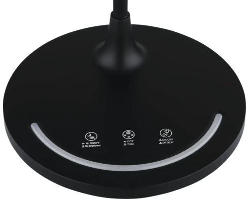 Runder Lampenfuß in Schwarz mit Touch-Bedienfeld für Farbtemperatur, Dimmer, Nachtlicht und Ausschaltverzögerung.