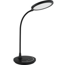 Schwarze LED-Schreibtischleuchte mit flexiblem Hals, rundem Kopf und Touch-Dimmer am Standfuß.