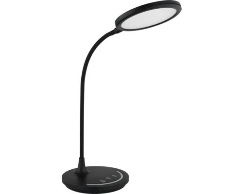 Schwarze LED-Schreibtischleuchte mit flexiblem Hals, rundem Kopf und Touch-Dimmer am Standfuß.