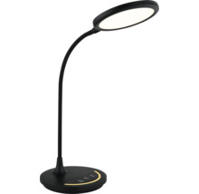 Schwarze LED-Schreibtischleuchte mit flexiblem Arm, rundem Leuchtkopf und Tastdimmer am runden Standfuß.
