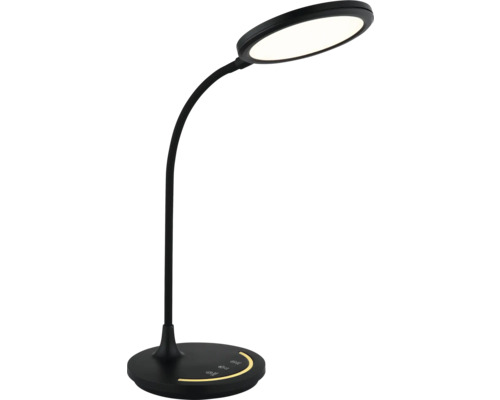 Schwarze LED-Schreibtischleuchte mit flexiblem Arm, rundem Leuchtkopf und Tastdimmer am runden Standfuß.